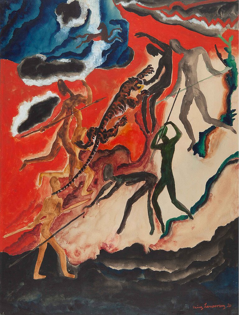 Heinz Lewerenz, Pantherjagd, 1920, Aquarell auf Papier, 47,2 x 35,8 cm, Privatbesitz, Foto: Ingo Bustorf, Copyright: Nachlass Heinz Lewerenz