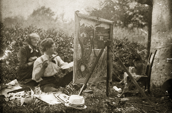 Peter August Böckstiegel mit seiner Mutter Friederike bei der Arbeit am Gemälde „Mohnblumen“ im Garten seines Elternhauses in Arrode